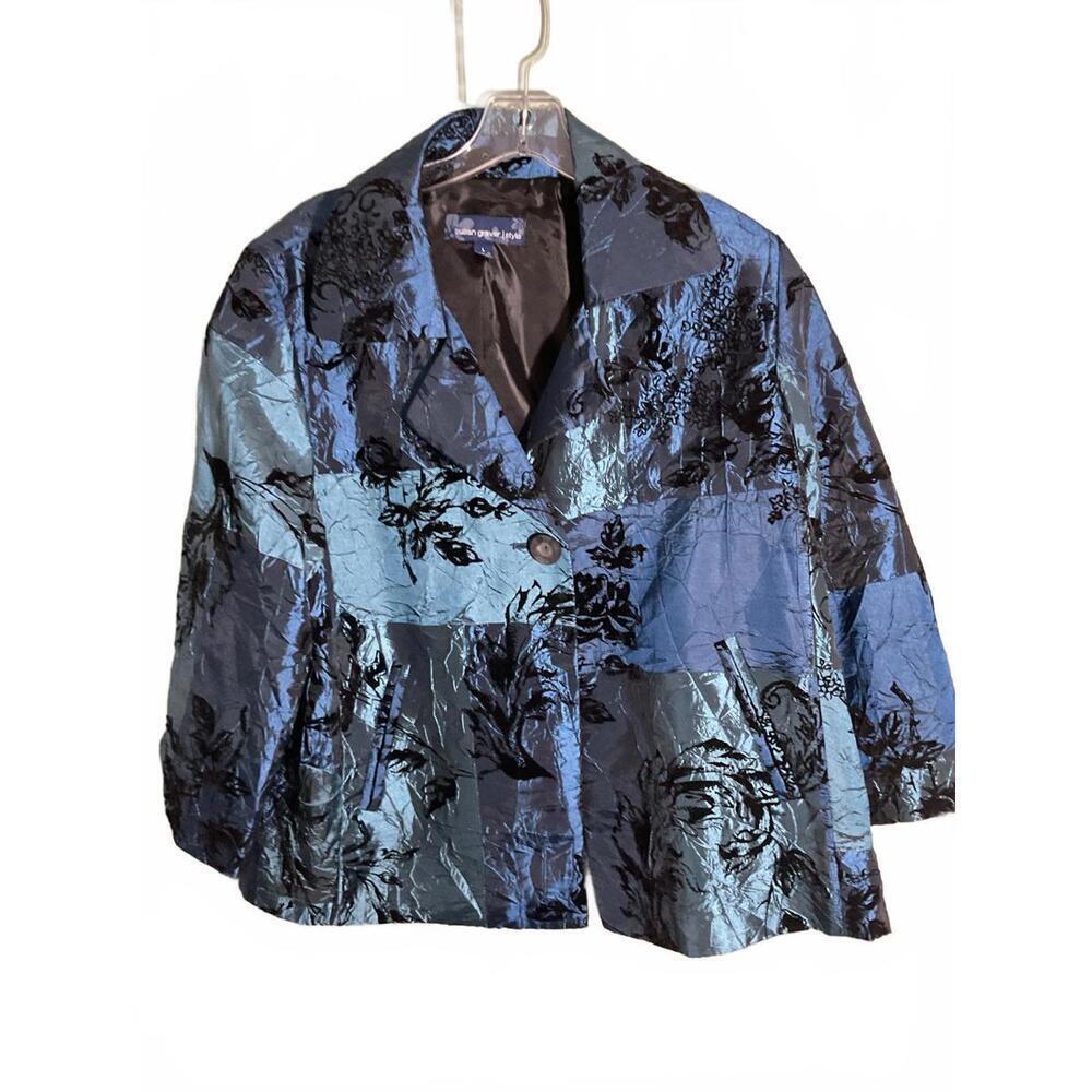 Susan Graver Elegant Patchwork with Burnout Velvet Blue Floral Jacket Large